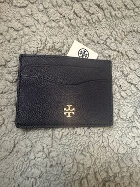 Tory Burch Black Leather Card Holder with Gold Logo